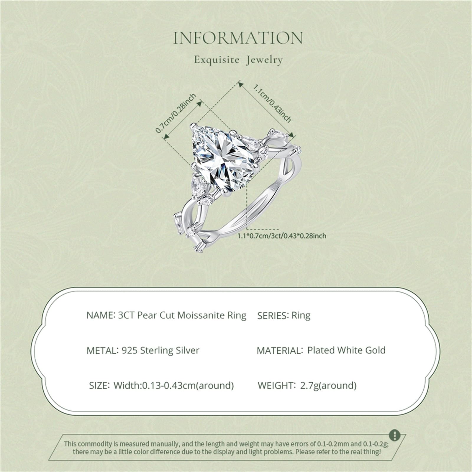 Anello Solitario in Argento Sterling 925 con moissanite a Pera da 3 ct | Anello di fidanzamento o promessa unisex Argento 925 (con punzone) Solitario in moissanite taglio a goccia (qualità 3EX) F