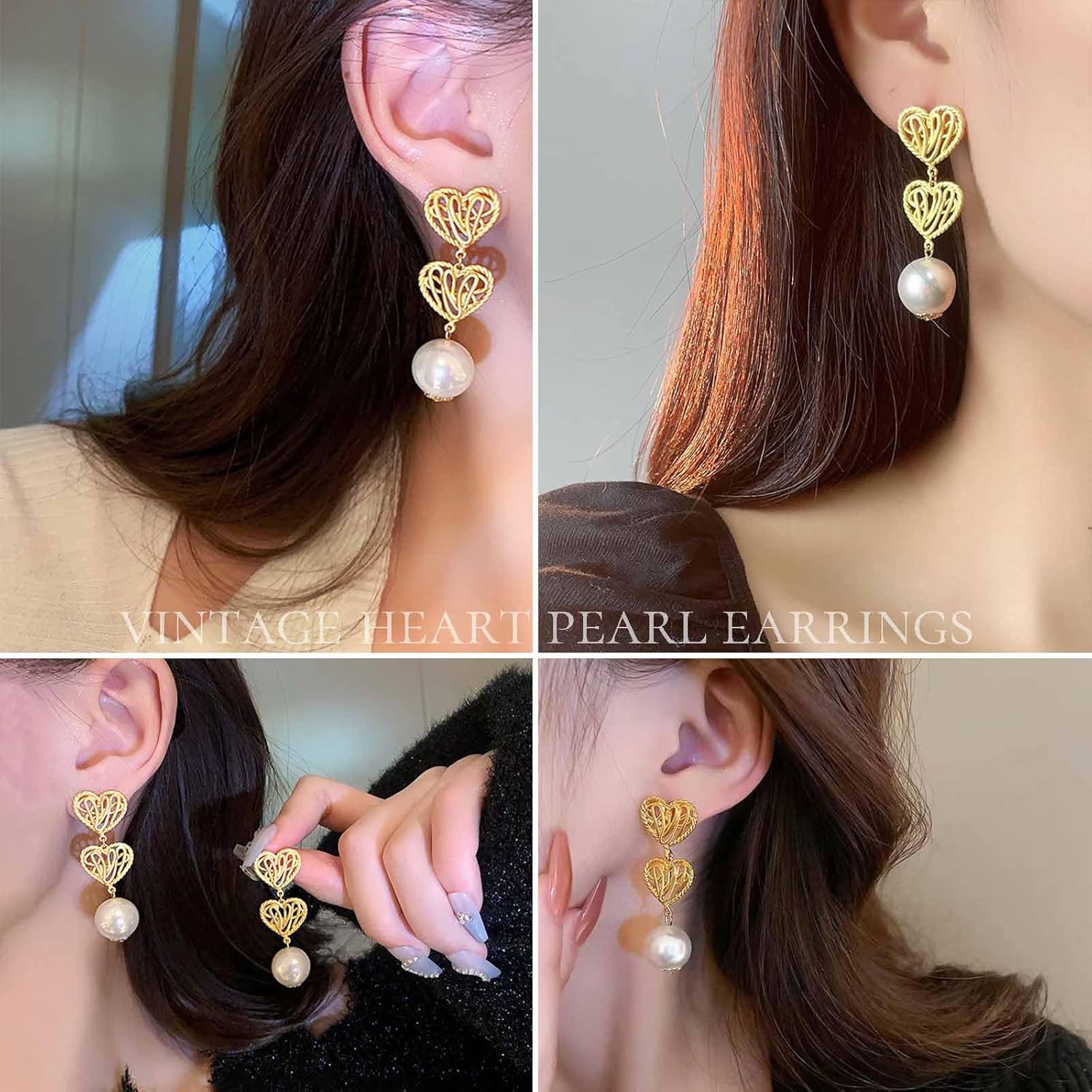 W WEILIRIAN Boho Love Heart Dangle Earrings Vintage Pearl Drop Earrings for Girls Gold Heart Earrings Hollow Heart Stud Earrings Jewelry for Women Gifts - Image 7