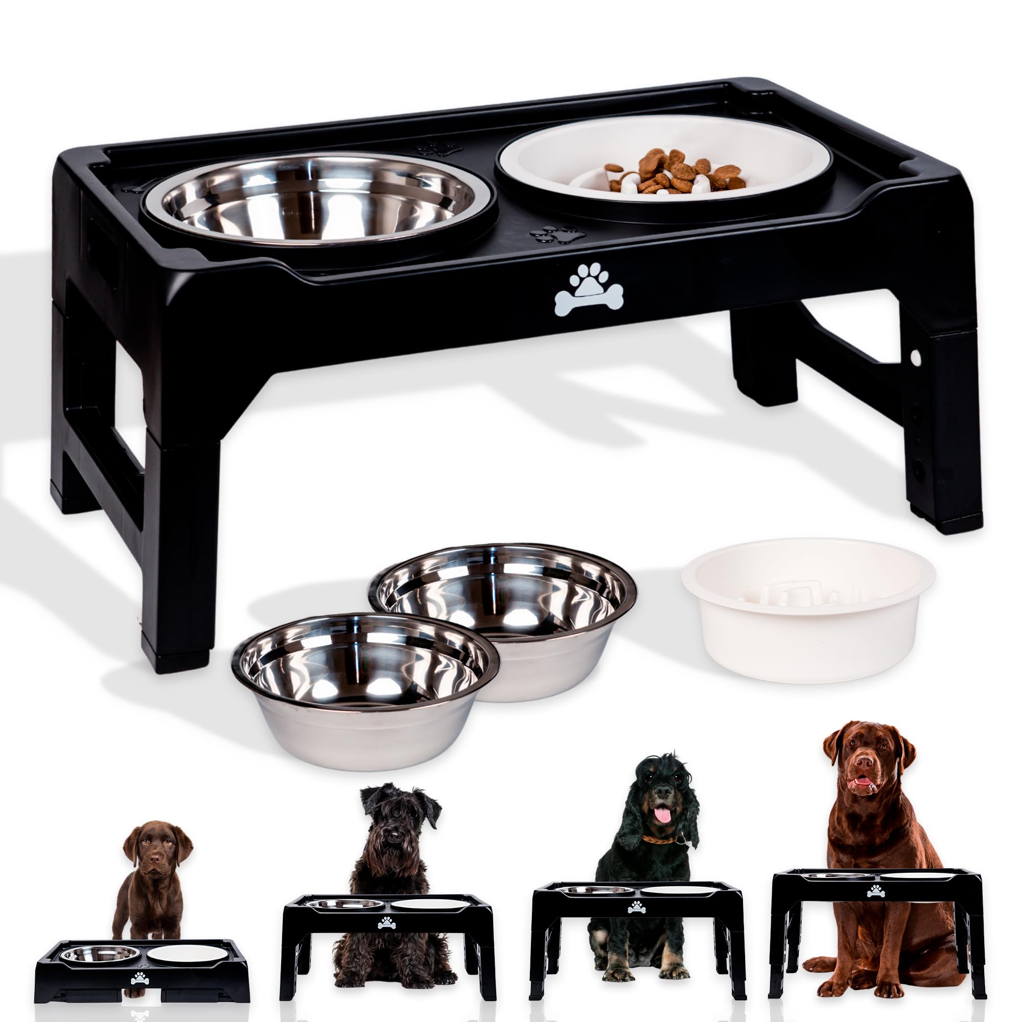 ALEDAVI Comedero Perro Elevado de 4 Alturas Ajustables, 2X Cuencos para Perros de Acero Inoxidable, 1x Comedero Perro Antivoracidad. Comederos para Perros Elevado Grande, Mediano y Cachorro. Bebedero