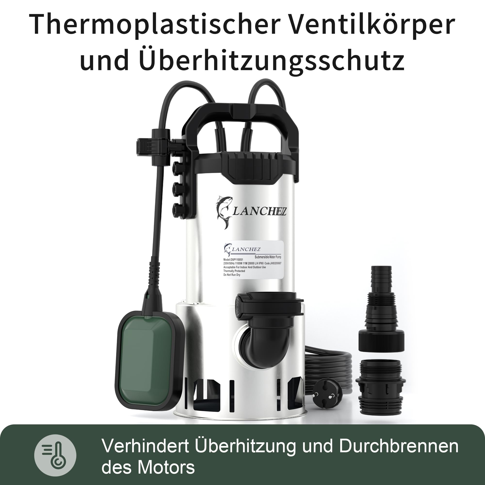 LANCHEZ Edelstahl Schmutzwassertauchpumpe 1100W, 20.000 l/h, Förderhöhe 11 m, Max durchlässige Partikelgröße: 3,5 cm, Einstellbarer Schwimmerschalter, Thermoschutz, für Pool, Schacht, Garten