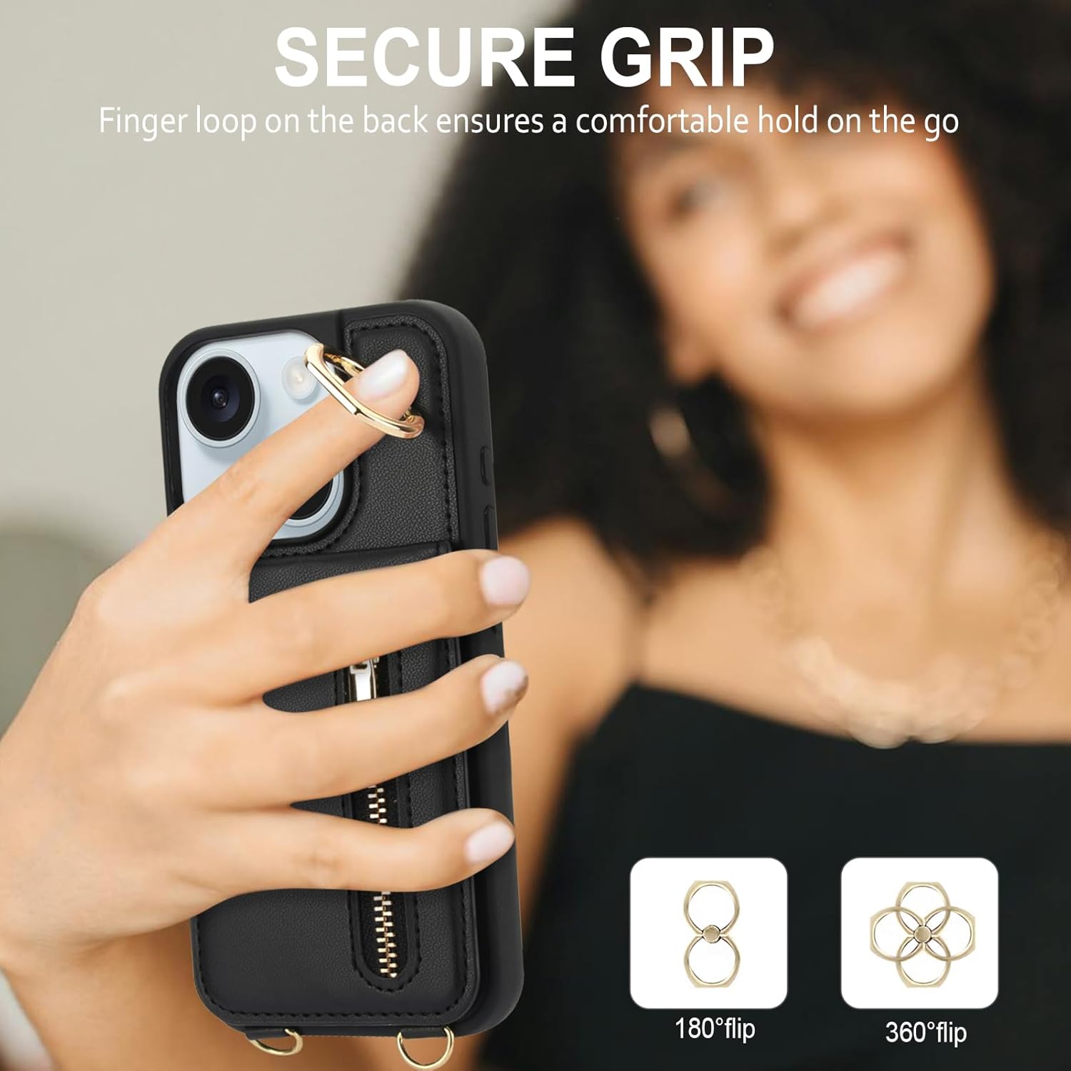 Crossbody Wallet Case for iPhone 13/14 with Lanyard Strap Card Slot Holder RFID Blocking Ring Kickstand,Magnetic Flip Folio Zipper Purse Case, PU Leather Cover Handbag,Black - Image 8