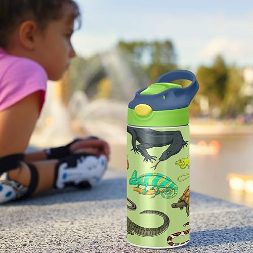 Miniatura 6 de MCHIVER Green Animals - Botella de agua para niños con pajilla, botella de agua para niños y niñas, con aislamiento de acero inoxidable, termo para