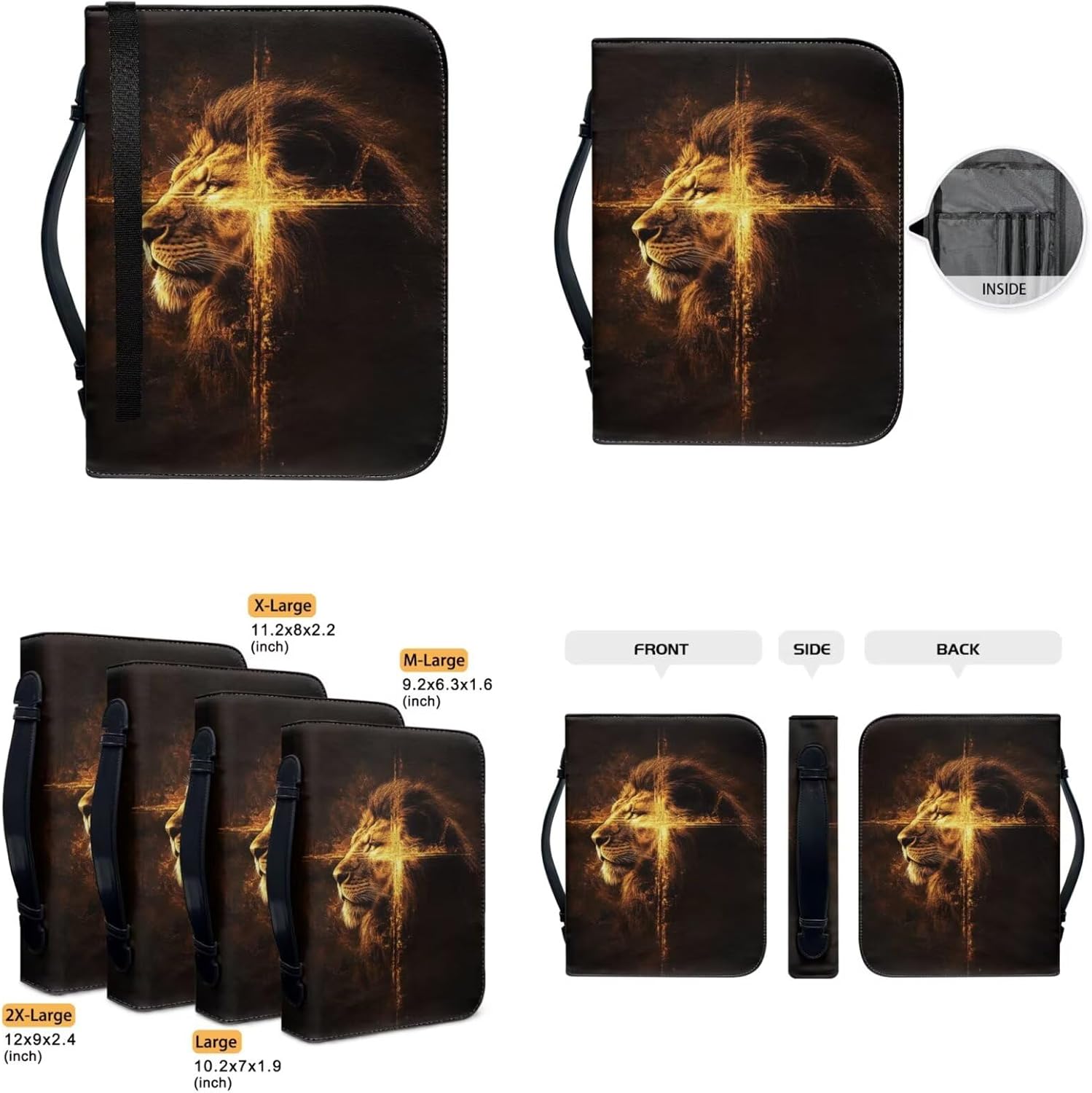 FOR U DESIGNS Waterproof PU Leather Bible Case with Pen Storage Cross Lion Bible Cover for Men Lightweight for Church Travel Large Size Bibles 11x8x2.1 Inch Gold