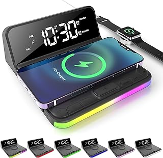 Te-Rich Loud Alarm Clock for Heavy Sleepers Adults, Alarm Clock with Wireless Charging and Lights, Dual Alarm(7-5-2), 6 Dimmer, Battery Backup, Digtial Alarm Clock Charging Station for Bedrooms