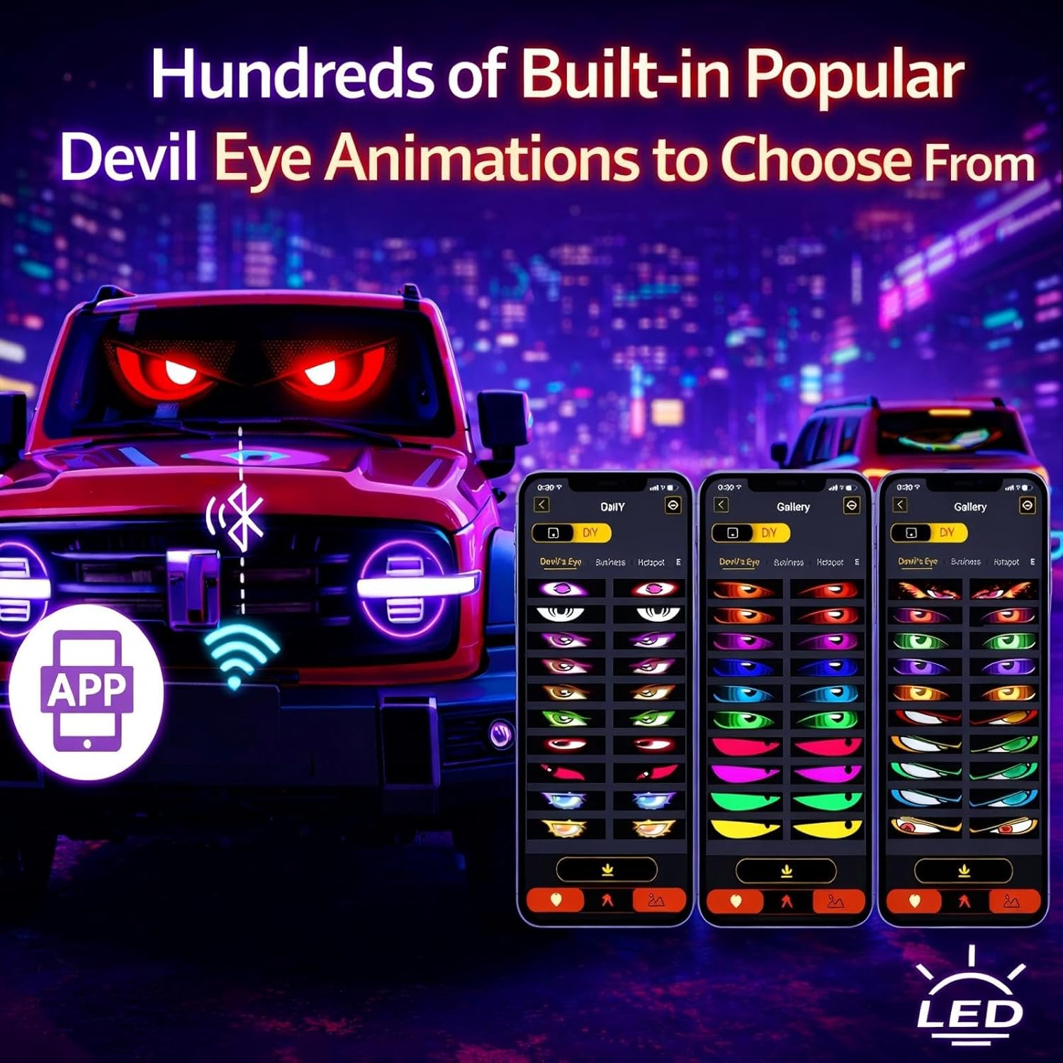 LED Eyes for Car Windshield, RGB LED Matrix Panel Lights, Animated Devil Eyes Display, Flexible Programmable Window Sign for Truck, Semi, RV, Jeep – App & Remote Control, Waterproof