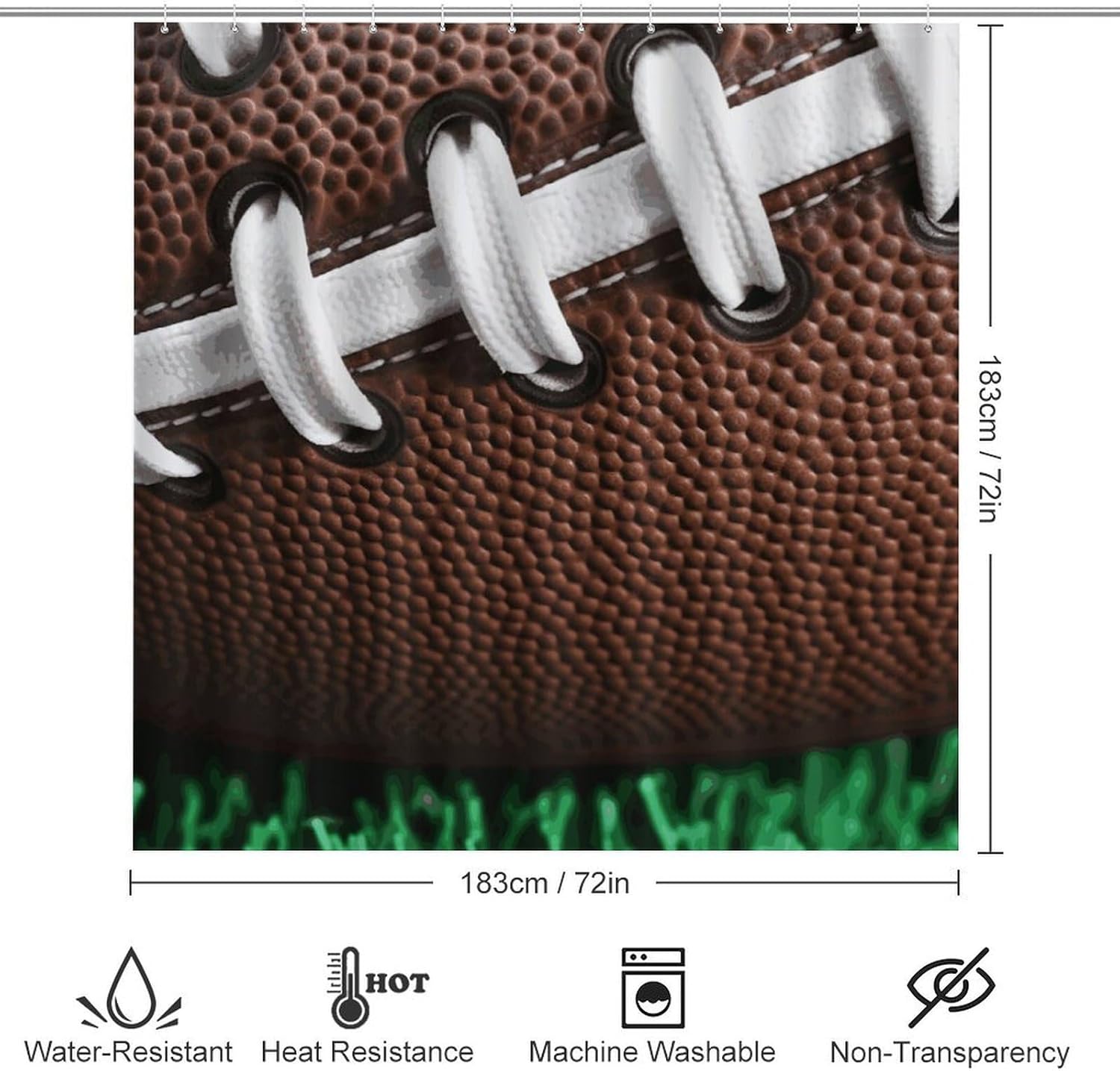 American Football Laces Shower Curtains Set 4 Piece with Non-Slip Rugs, Toilet Lid Cover and Bath Mat Soft Bathroom Carpet Waterproof Bathroom Curtain with 12 Hooks for Bathroom Decor