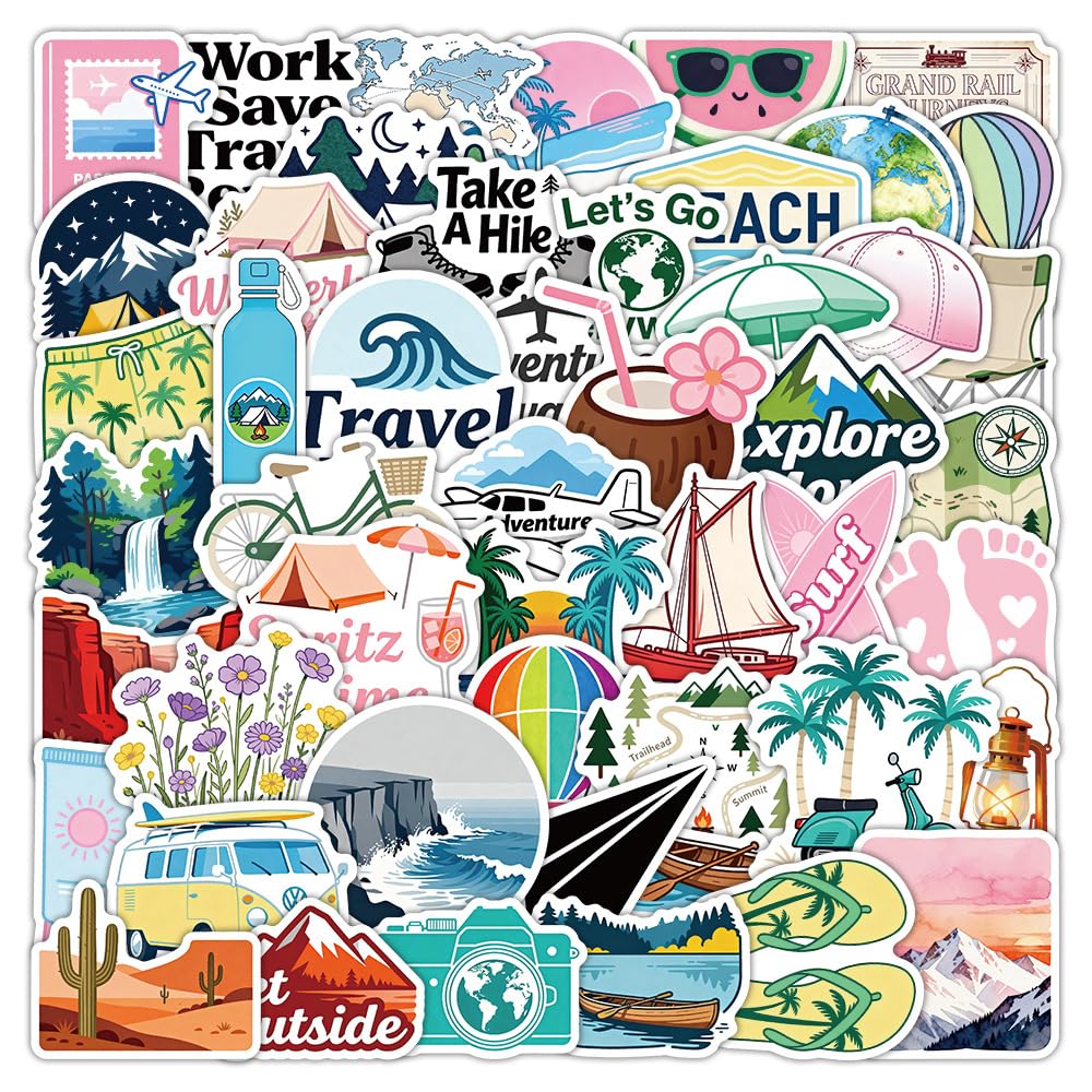 Pack of 50 Travel Outdoor Vinyl Stickers Waterproof Self-Adhesive