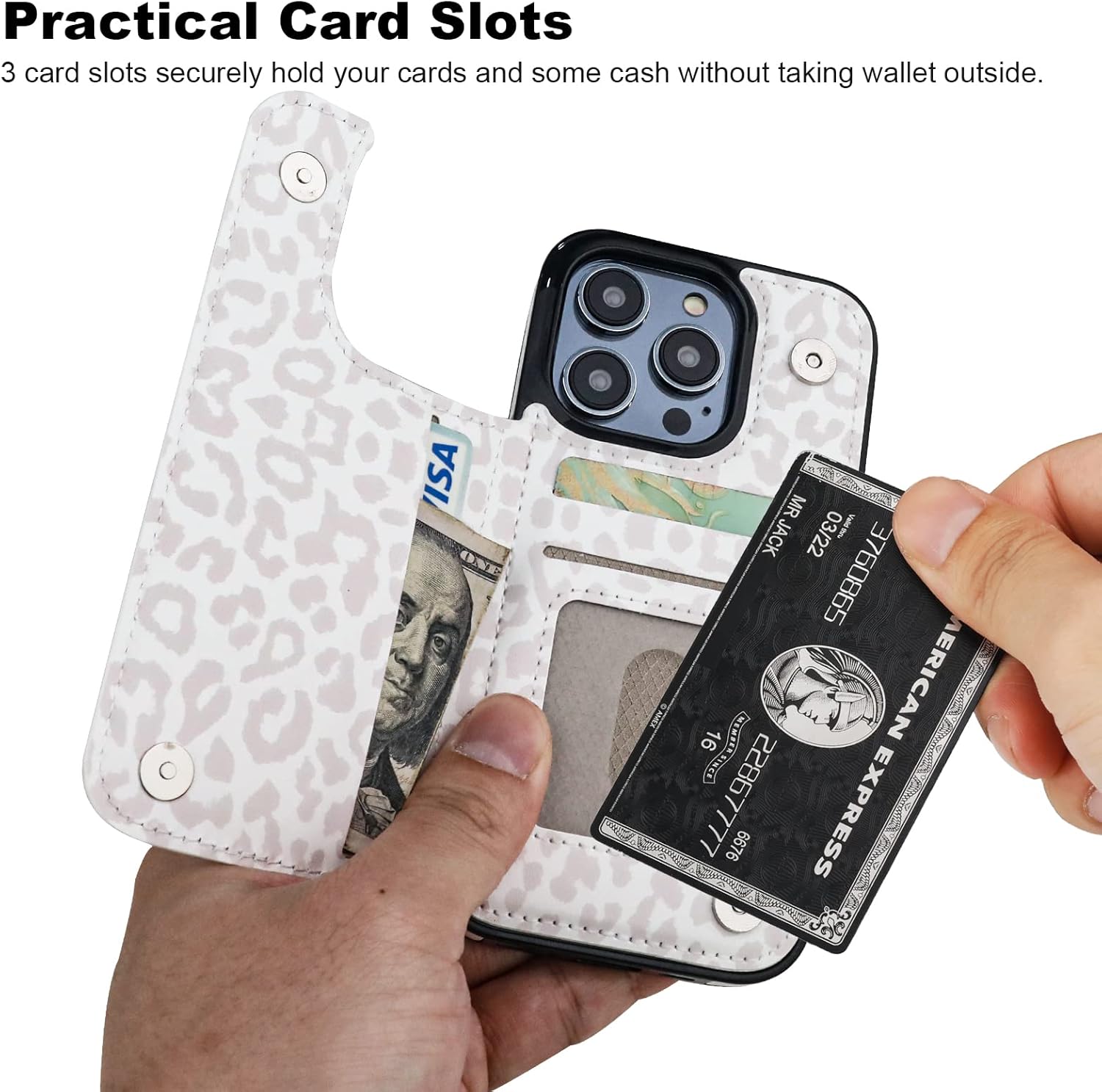 HAOPINSH for iPhone 14 Pro Wallet Case with Card Holder, White Leopard Cheetah Pattern Back Flip Folio PU Leather Kickstand Card Slots Case for Women Girls, Double Magnetic Clasp Cover 6.1" - Image 3