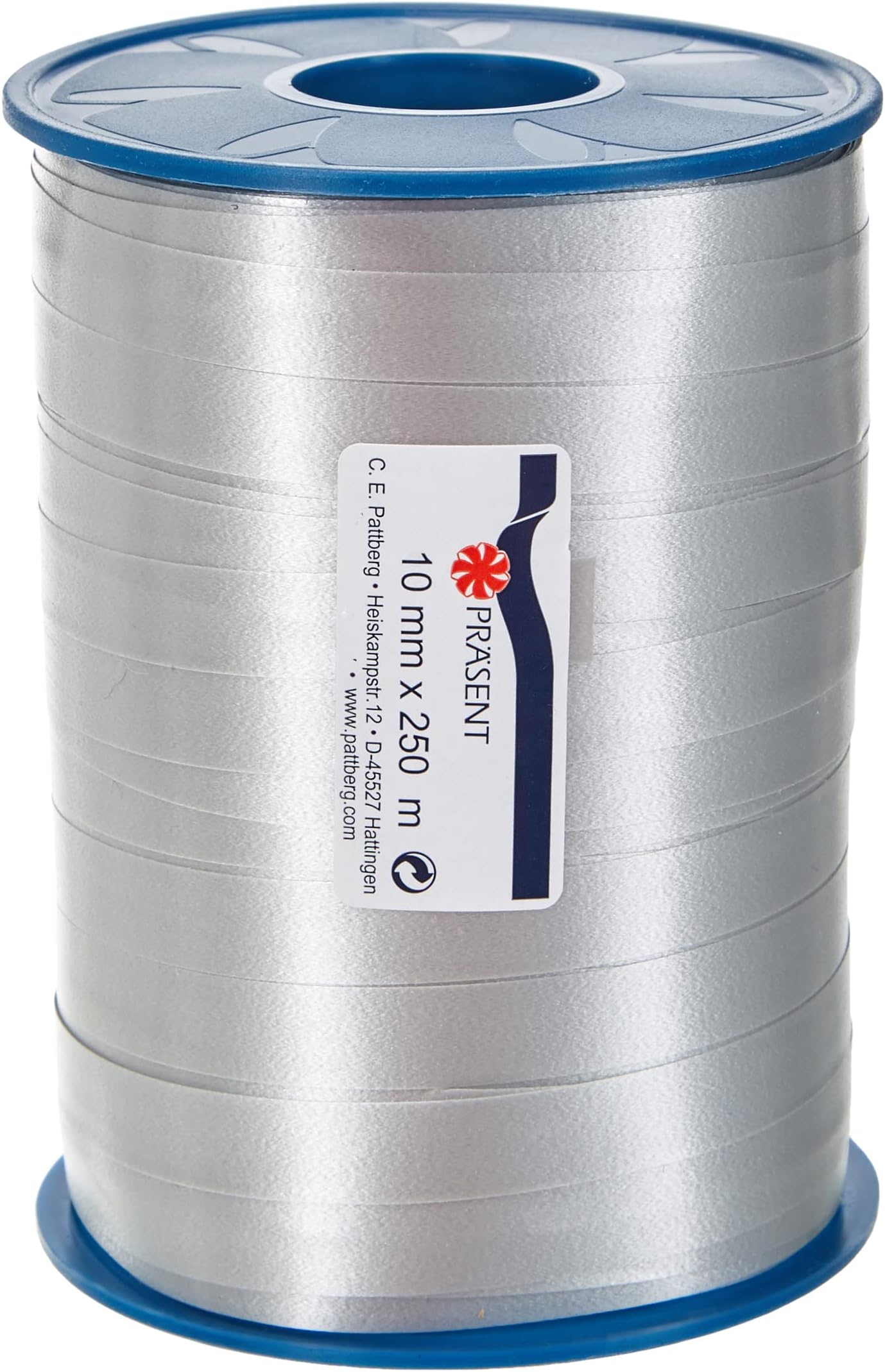 C.E. PATTBERG Geschenkband silber, 250 Meter Ringelband 10 mm zum Basteln, Dekorieren & Verpacken von Geschenken zu jedem Anlass