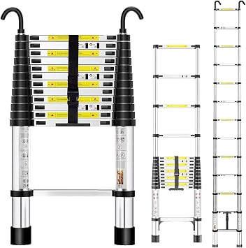 Rewing Telescopic Ladder Extendable Ladder 3.5M/11.48FT Stainless Steel Thickened High-Ladders extendable with Non-Slip Feet and Detachable Hooks, Multi Purpose Extendable for Roof Caravans Attic