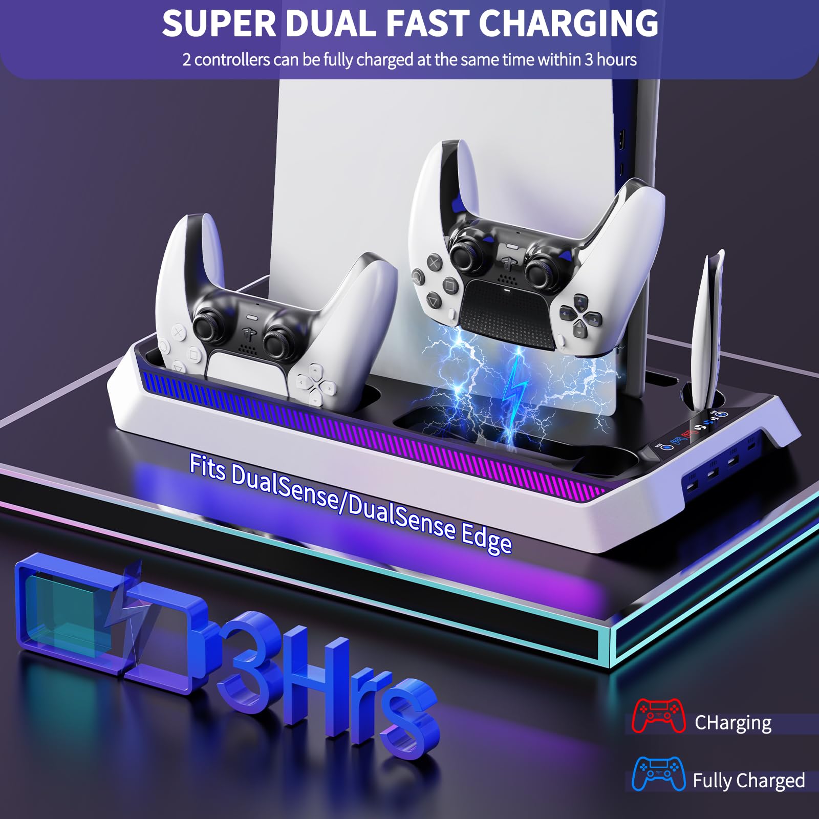 Stazione di raffreddamento per PS5/Slim/Pro, stazione di ricarica RGB compatibile con PlayStation 5 Ventola di raffreddamento integrata a 3 livelli e caricabatterie doppio controller PS5, supporto con