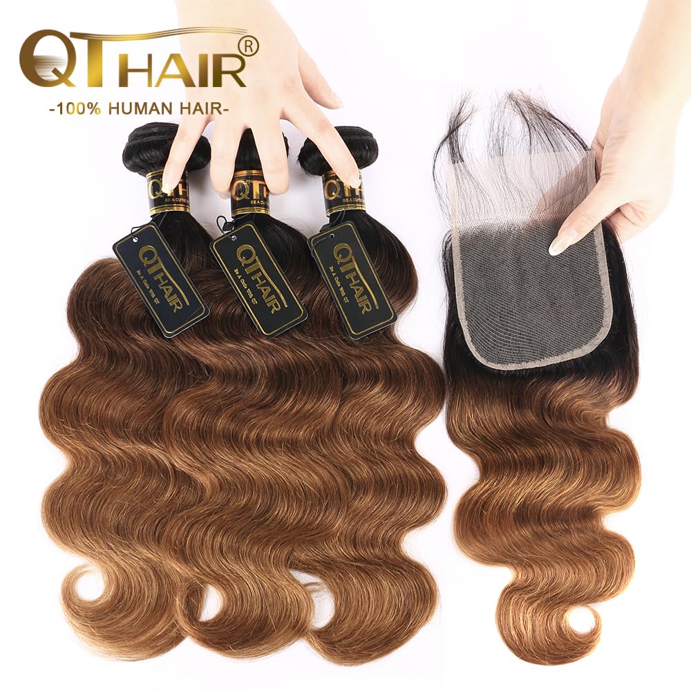 QTHAIR Ombre Body Wave Bundles with 4X4 HD Lace Closure, 18A Grade 3 Tone Ombre Bundles with Closure, Free Part (18" 20" 22"+16", #1B/4/30) Brazilian Virgin Unprocessed Human Hair