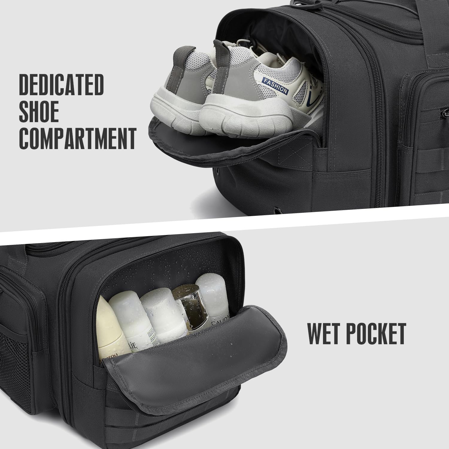 Taktische Reisetasche Sporttasche 40-45L Erweiterbar 3-in-1 Sporttaschen Herren Mittel mit Schuhfach Nassfach und Rucksackfunktion Trainingstasche Damen für Militär Fitness Gym Sauna, Schwarz