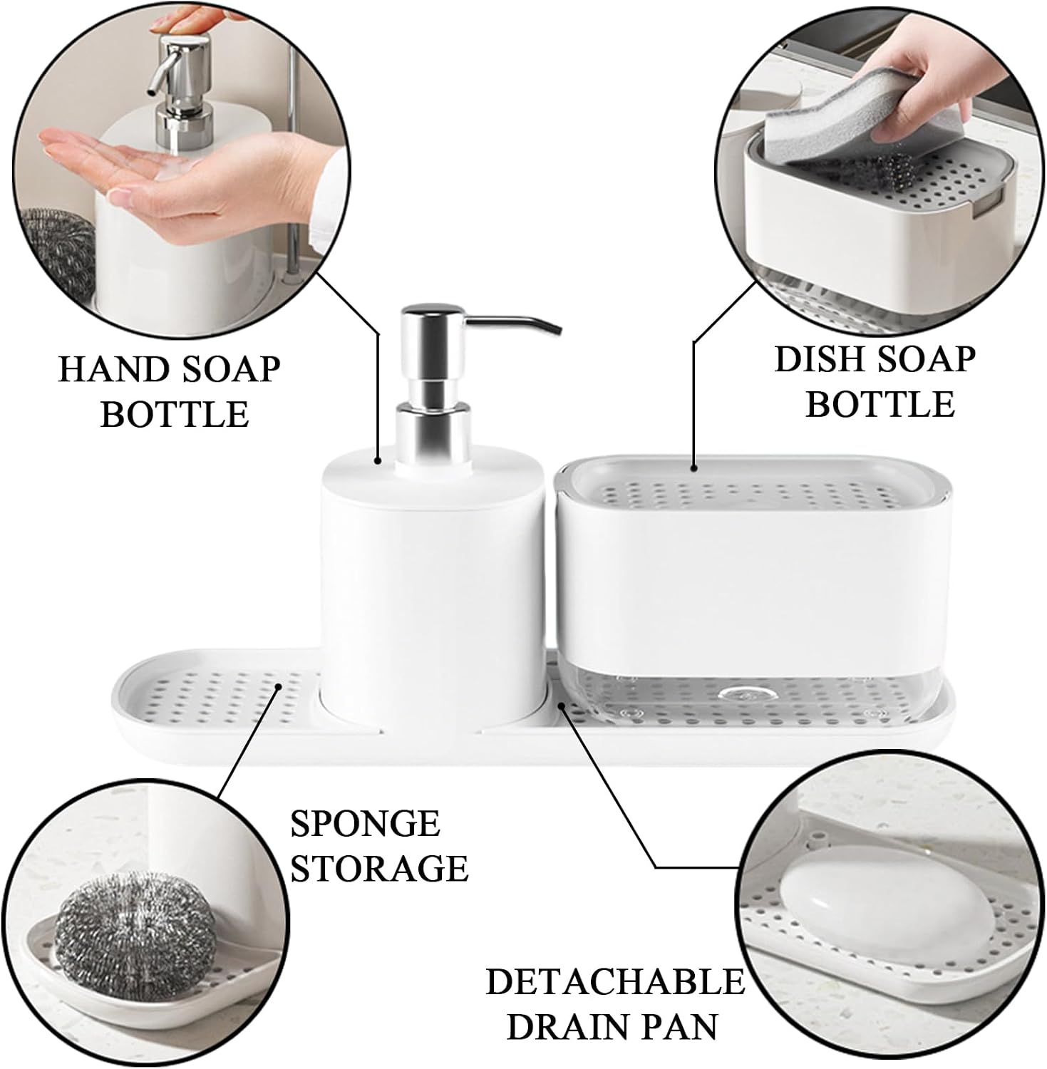 Kitchen Soap Dispenser Set with Tray, 4-in-1 Dual Hand and Dish Soap Dispenser with Sponge Holder for Kitchen Sink, Practical Kitchen Gadgets (White)