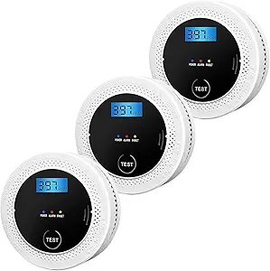 3 Pack Smoke and Carbon Monoxide detectors Powered by Batteries, with Digital Display, Smoke and Carbon Dioxide Dual Alarm sensors, Easy to Install Black