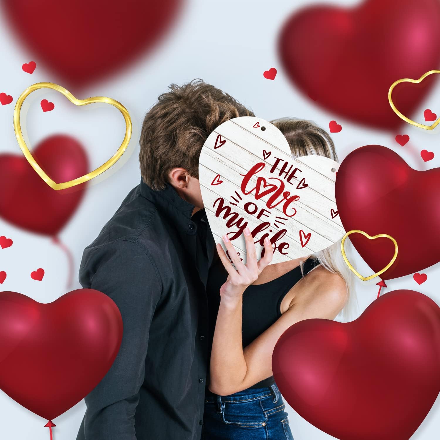 Soul Décor Valentines Day Decor The Love Of My Life White Wood Background Heart Shapes, 17 Inch Aluminum Heart Shaped Door Sign With Red Satin Ribbon