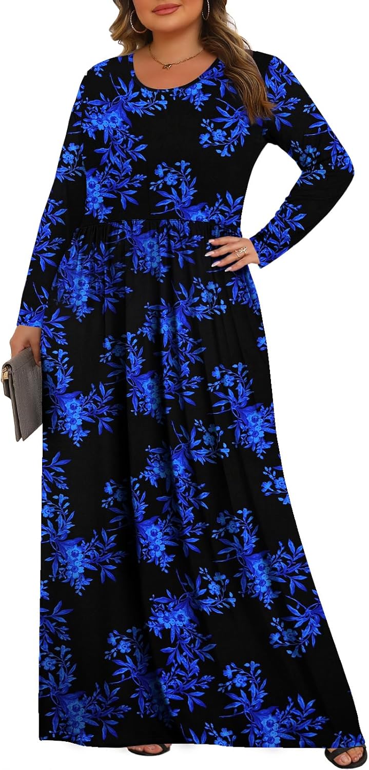 Tencede Womens Plus Size Maxi Dresses Long Sleeve with Pockets Casual Long Dress 1X-5X - Image 2