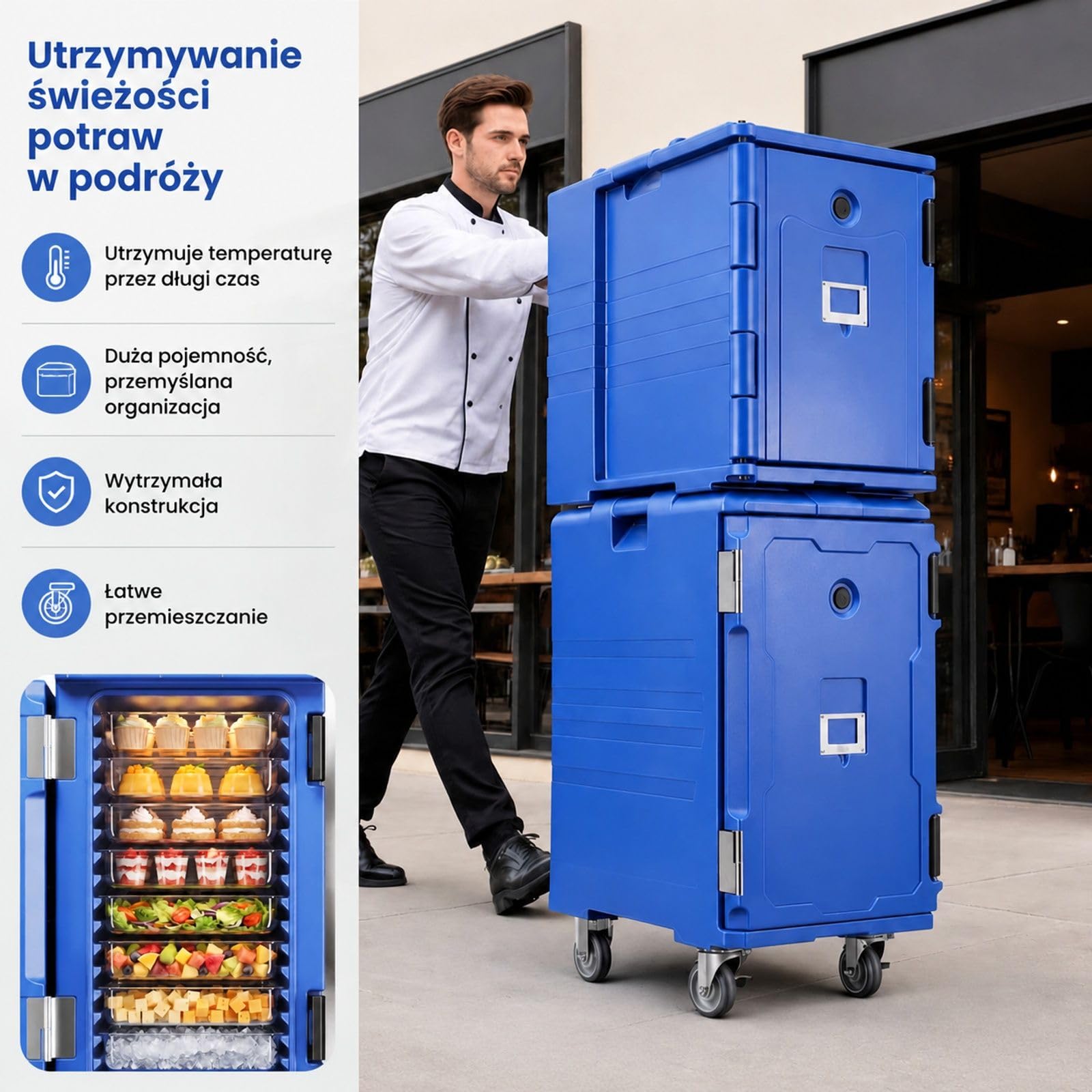 Izolowany pojemnik transportowy na żywność 120 l, niebieski, podwójne klamry i uchwyty, do cateringu oraz stołówki restauracyjnej