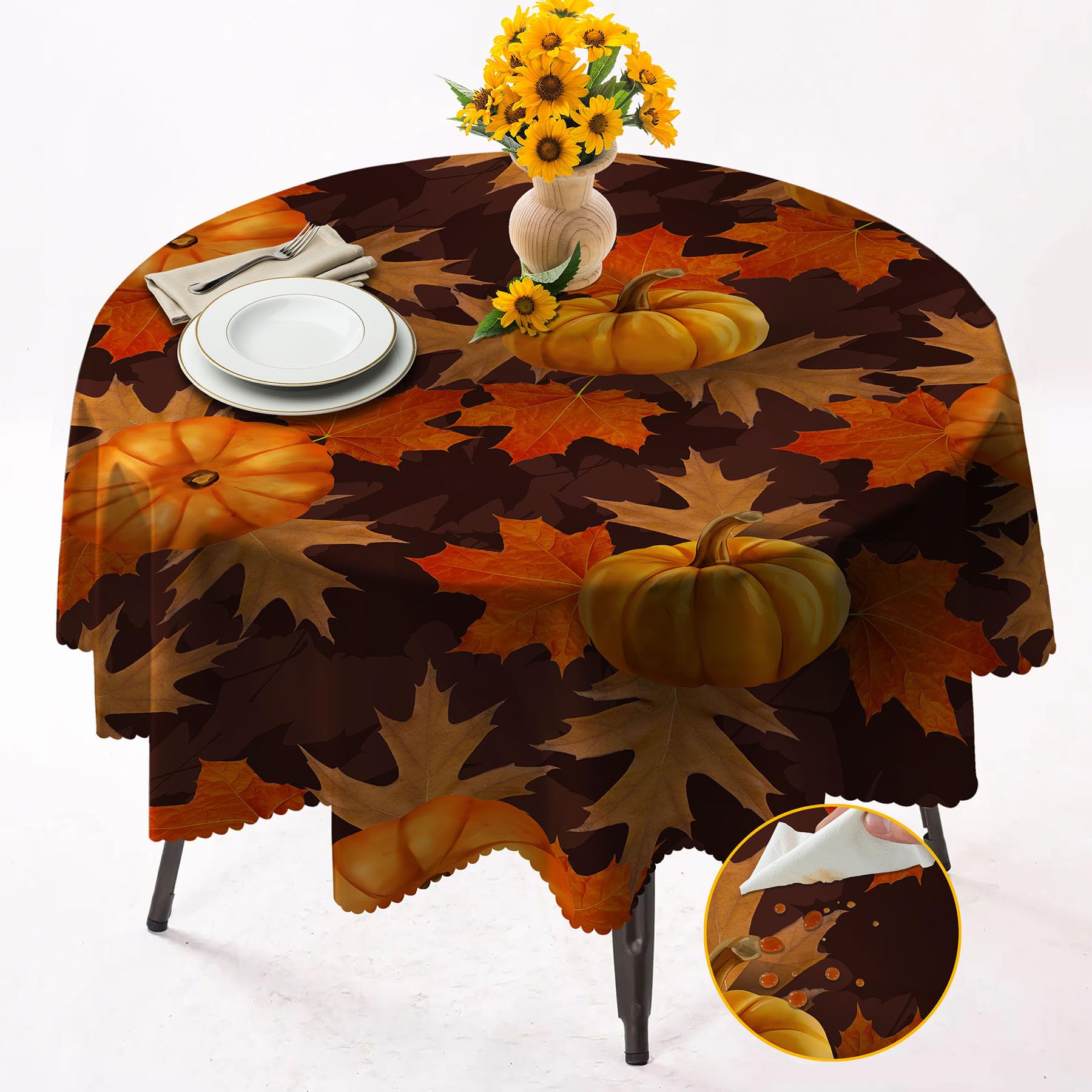 Round Tablecloth 152cm Wrinkle Free Washable Polyester Table Cloth for Circular Table, Home Dining Party Use,Maple Leaf Round Wipe Clean Tablecloth 60 Inches (Color 12)