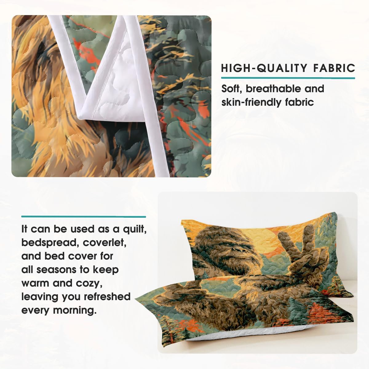 Bigfoot Quilt Sasquatch Comforter Set Queen King Twin Full Bigfoot Lovers Perfect Cozy Bedding Gifts for Men Women Kids (Bigfoot Say Hi)