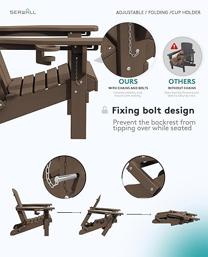 Miniatura 6 de SERWALL Juego de 2 sillas plegables Adirondack ajustables con 3 posiciones reclinables, Adirondack de polietileno de alta densidad para todo tipo de