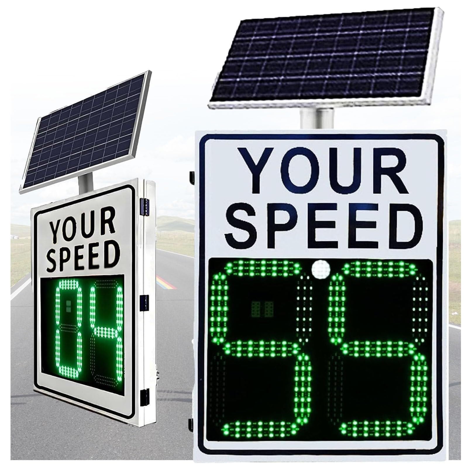 Señal de tráfico con radar solar para exteriores, detector digital LED blanco, aleación impermeable IP65 de 24 x 35 pulgadas para la seguridad del tráfico en carreteras y calles.