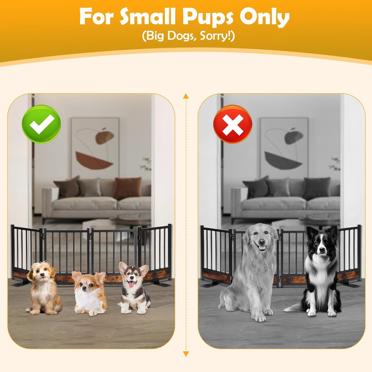 freestanding short dog gate, 16" tall pet gate indoor with support feet easily step over, 4 panel metal wood foldable pet dog gate, up to 48" wide puppy fence, puppy gate for for doorway&hallway black rustic brown + black ?4 panels?16"h 48"w