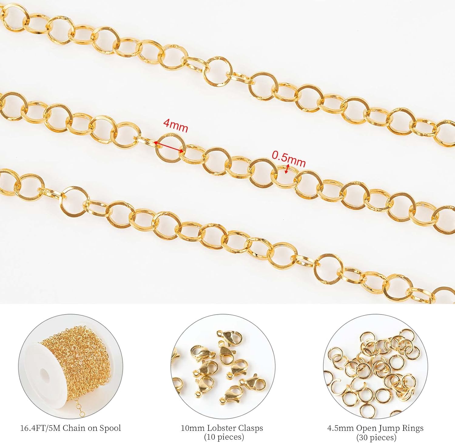KYUNHOO 16.4 Feet Gold Plated Stainless Steel Jewelry Making Chains 4mm Circle Link Chain Bulk for Women Bracelet Necklace DIY Crafts Jewelry Supplies with Jump Rings and Lobster Clasps - Image 2