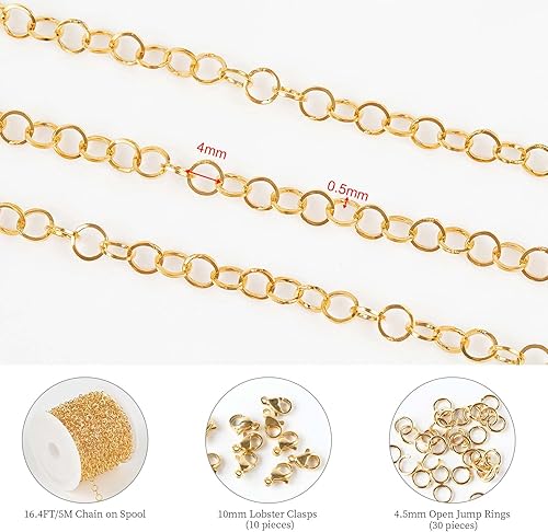 Miniatura 2 de KYUNHOO Cadenas de acero inoxidable chapadas en oro de 16.4 pies, cadena de eslabones circulares de 0.157 in, a granel para mujeres, pulseras,