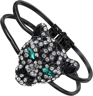 Alilang Golden Tone Sparkly Clear Crystal Rhinestones Black Enamel Cheetah Leopard Jaguar Head Bangle Bracelet
