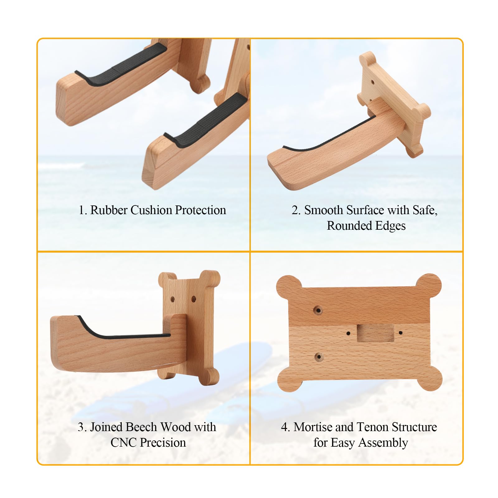 Soporte de pared para tabla de surf, ganchos de madera de haya con pernos M6, almacenamiento vertical para longboard, shortboard, skimboard