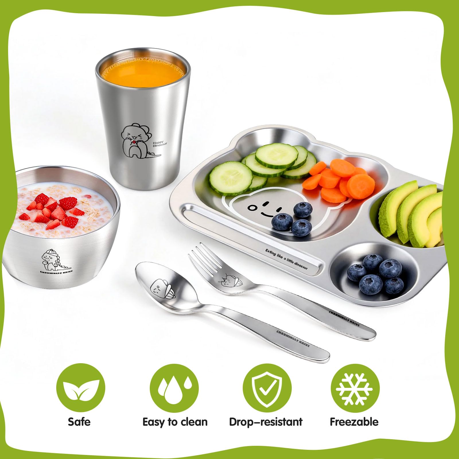 Greentainer Edelstahl Baby Geschirrset, Kindergeschirr-Set aus Edelstahl,5-teiliges Mehrweg Geschirr-Set,Becher, Schüssel, Teller, Löffel & Gabel für Kinder