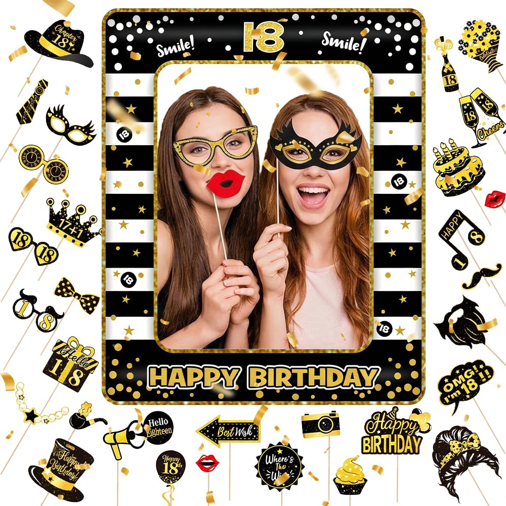 18th Birthday Photo Booth Props Set, Black and Gold Inflatable Selfie Picture Frame & 30 Funny Prop Cards with Sticks, 18th Party Decorations Accessories and Favours for Men Women (Birthday)