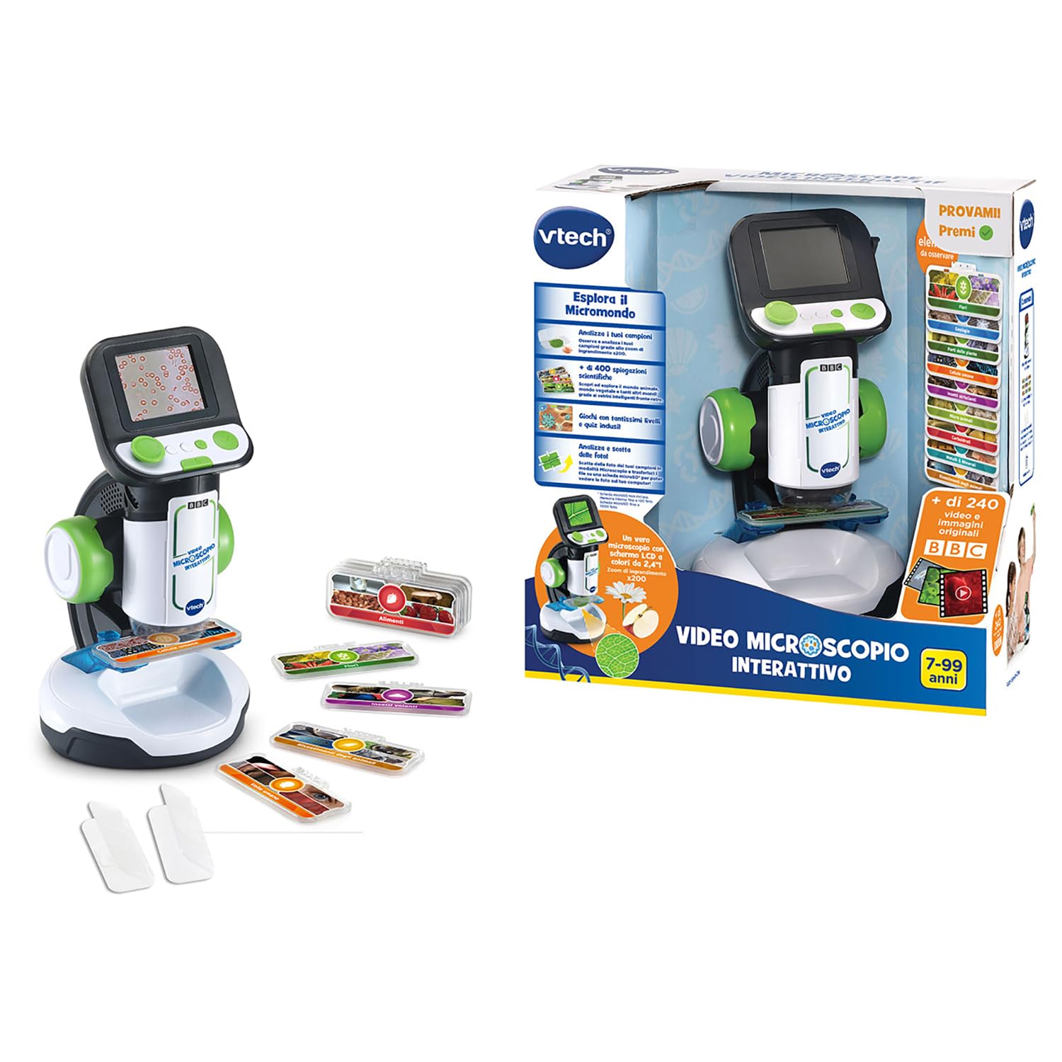 VTech Microscope vidéo interactif, Microscope numérique pour Enfants avec vidéo Originale BBC, écran 2,​4", Zoom 200x, 9 Lames illustrées, Fente microSD, Langue Italienne, Batteries incluses, 7-​99 Ans