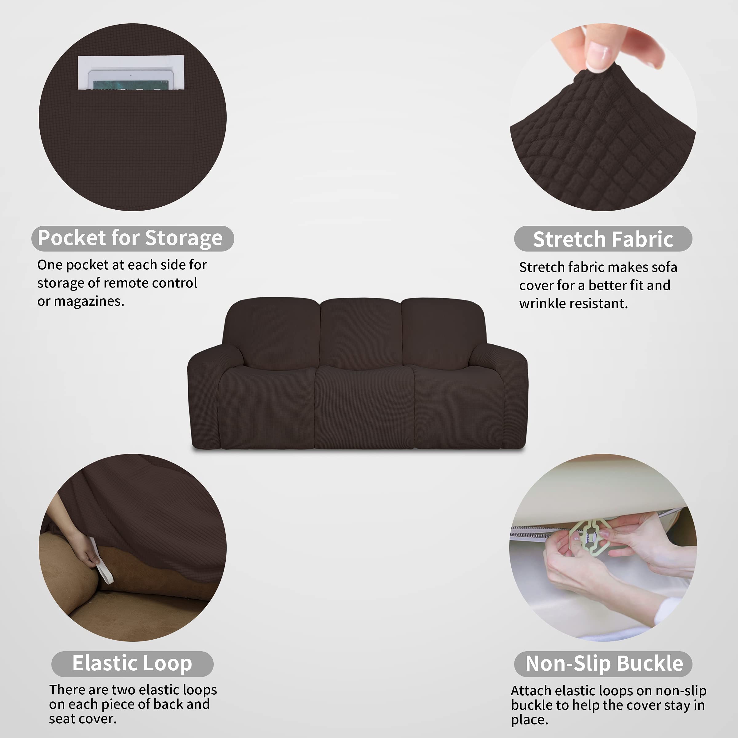 Easy-Going Funda de sofá reclinable 100% Impermeable Doble, Funda elástica de 8 Piezas con Bolsillo, Funda de sofá Jacquard de 3 plazas, Lavable a Prueba de Fugas (sofá, Chocolate)