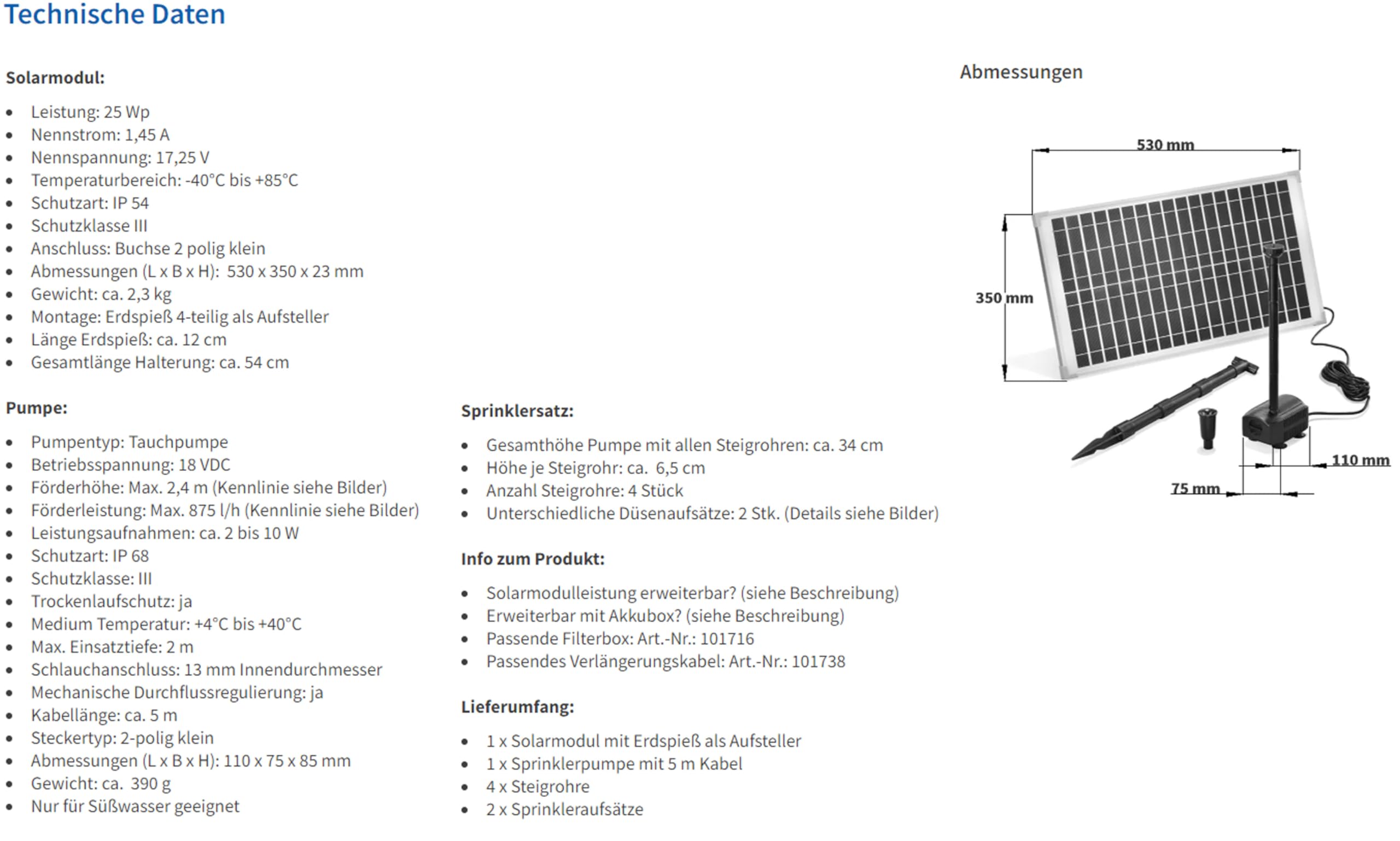 esotec Solar Teichpumpenset 25/875 mit 25 W Solarmodul, Solarteichpumpe 875l/h, Wasserspiel Garten, Springbrunnen außen 101913