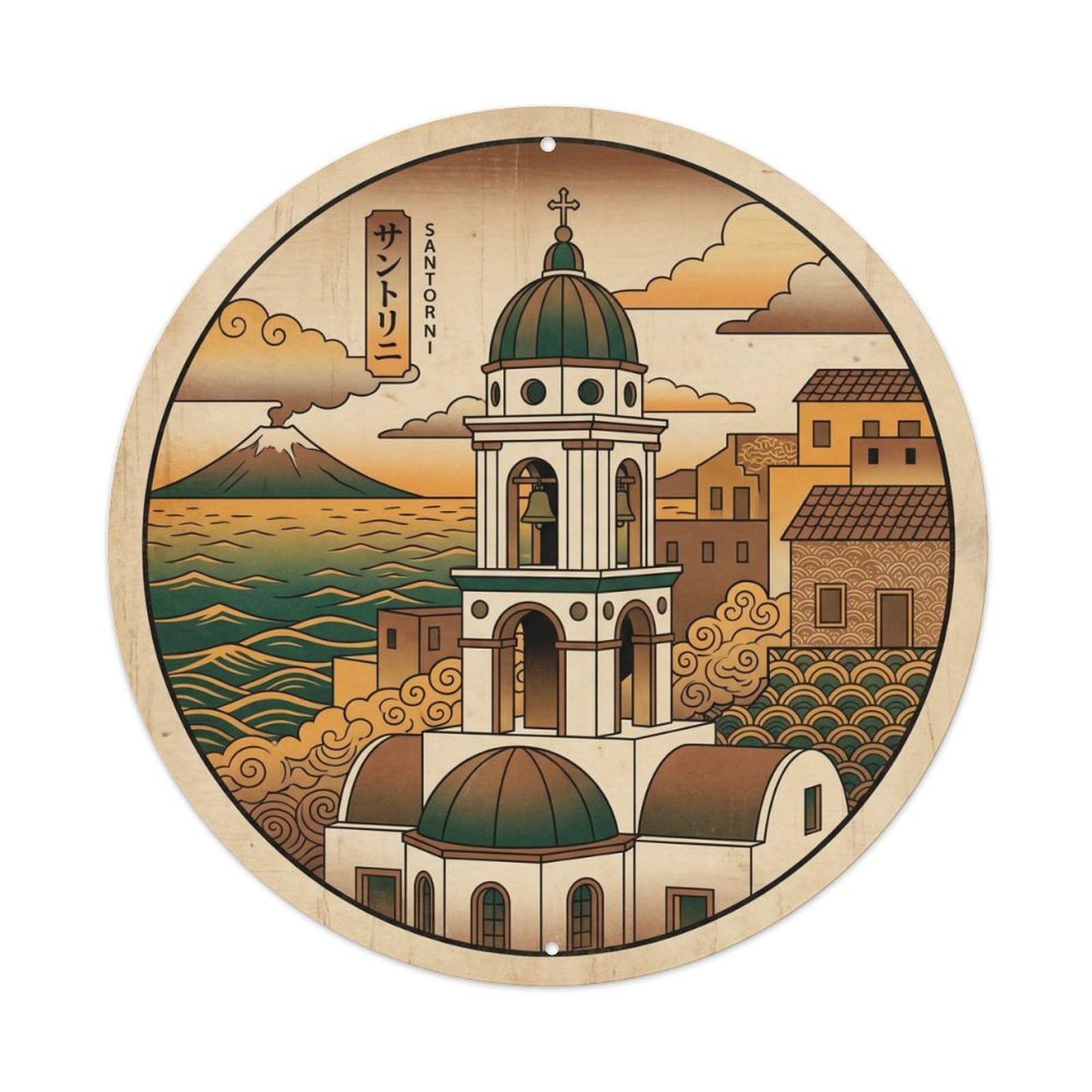 Santorini Travel Perissa Church Bell Tower Greece Metal Tin Sign