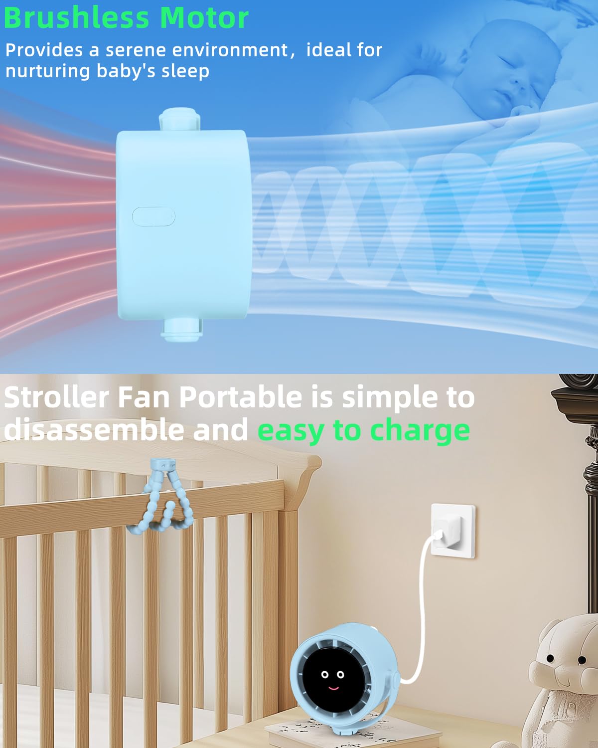 Akejrym Ventilatore per passeggino portatile, ventilatore personale da viaggio, Air Turbo Tech e display digitale, rimovibile a 5 velocità, ricaricabile, rotazione a 360°, treppiede flessibile, per