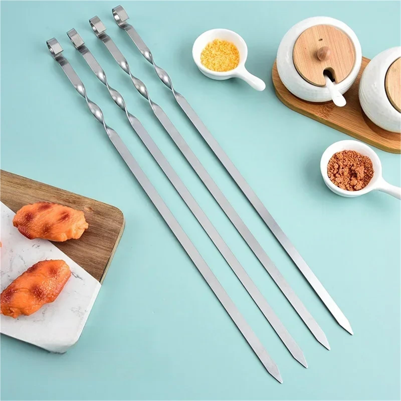 Brochetas Pinchos for barbacoa de 55 cm con mango largo, palillos for barbacoa, tenedor de madera, acero inoxidable, bolsas de agujas for exteriores.(A 6pcs-55CM)