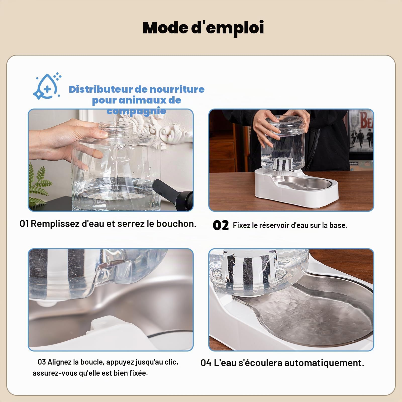 JUNSPOW Distributeur d'eau Automatique pour Chat avec Bol en Acier Inoxydable, Distributeur d'eau réglable pour Chats et Chiens | Distributeur d'eau réglable pour chiens et chats