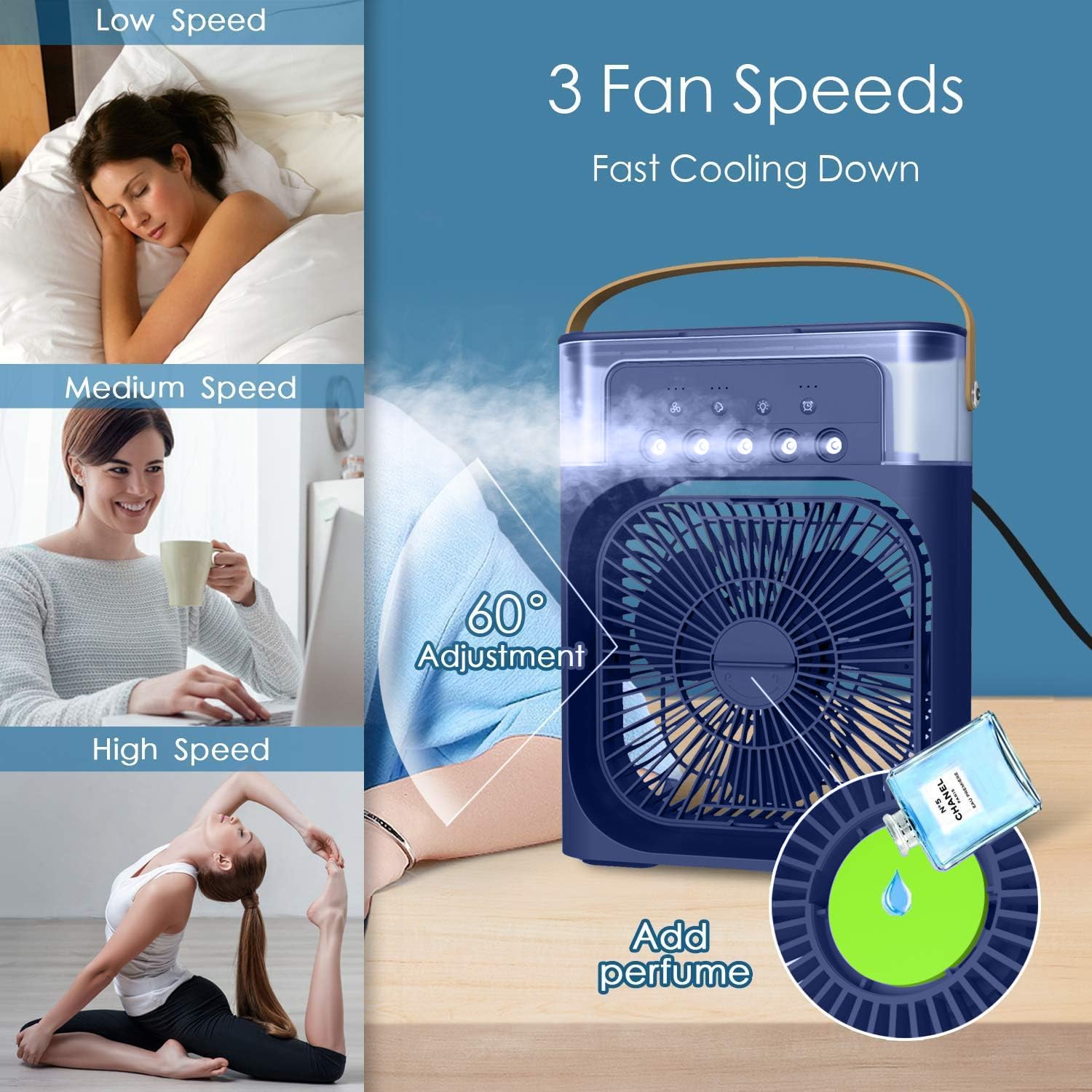 Ventilador portátil de aire acondicionado, enfriador de aire alimentado por USB, humidificador, enfriador de aire pequeño con 7 LED y 3 velocidades, ventilador de refrigeración ultrasilencioso para — view 5