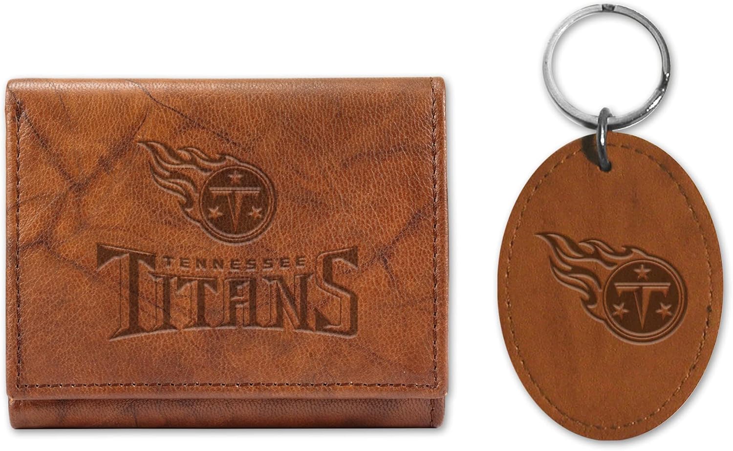 NFL Football Genuine Leather Tri Fold Wallet and Key Fob Gift Set - Great Gift