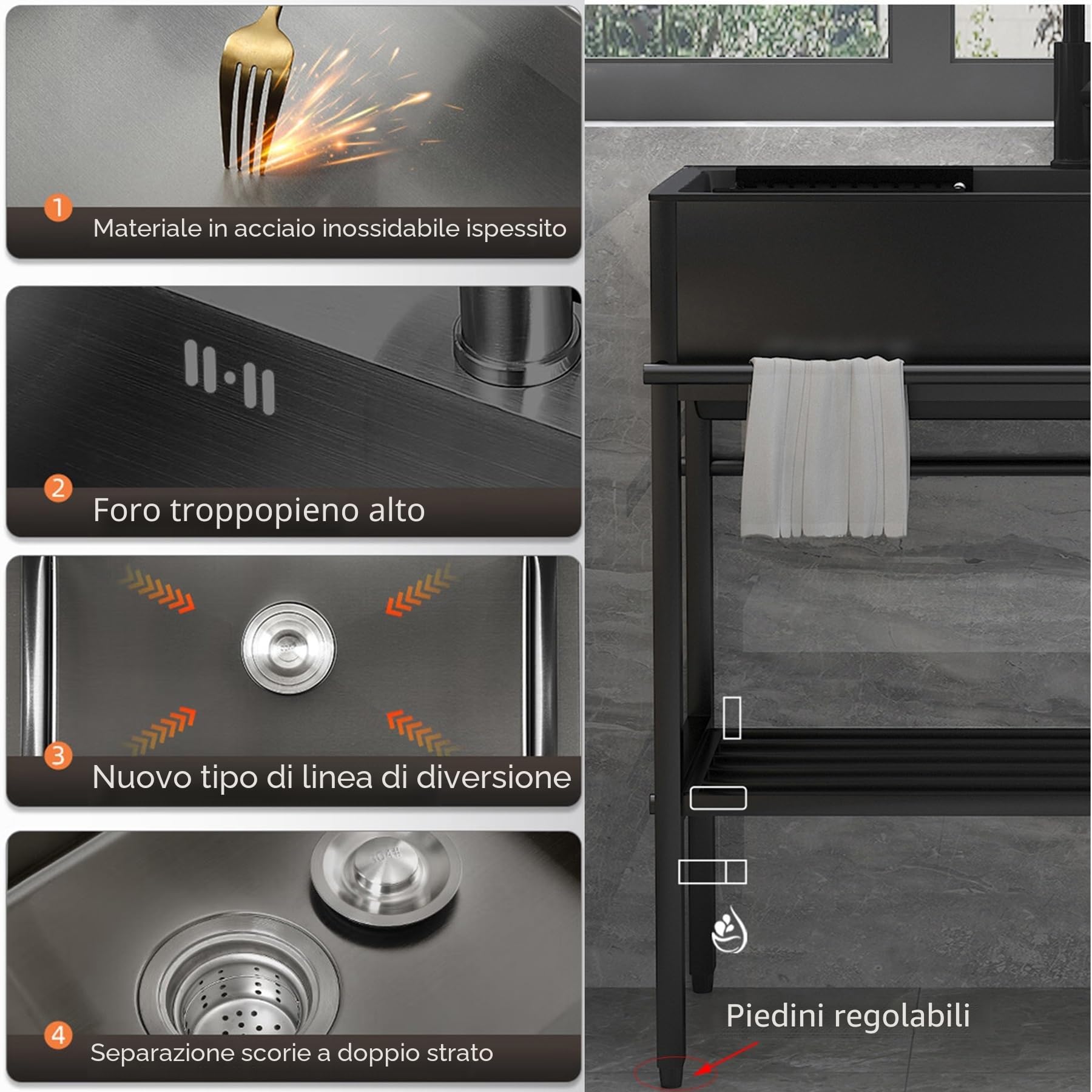 Lavandino in Acciaio Inox Professionale 1 Vasca,60x45x86cm Lavello Nero Multifunzione Cucina,Lavatoio da Esterno Autoportante,Lavabo Commerciale con Rubinetto,per Interno Ristorante Caffè Garage