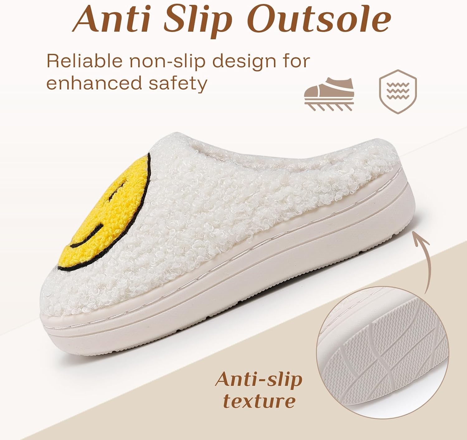 COVS Cute Kids Slippers for Girls Boys Soft Plush Happy Face Slippers Non-Slip Big Kids Warm House Slippers Indoor Outdoor（White 40/41）