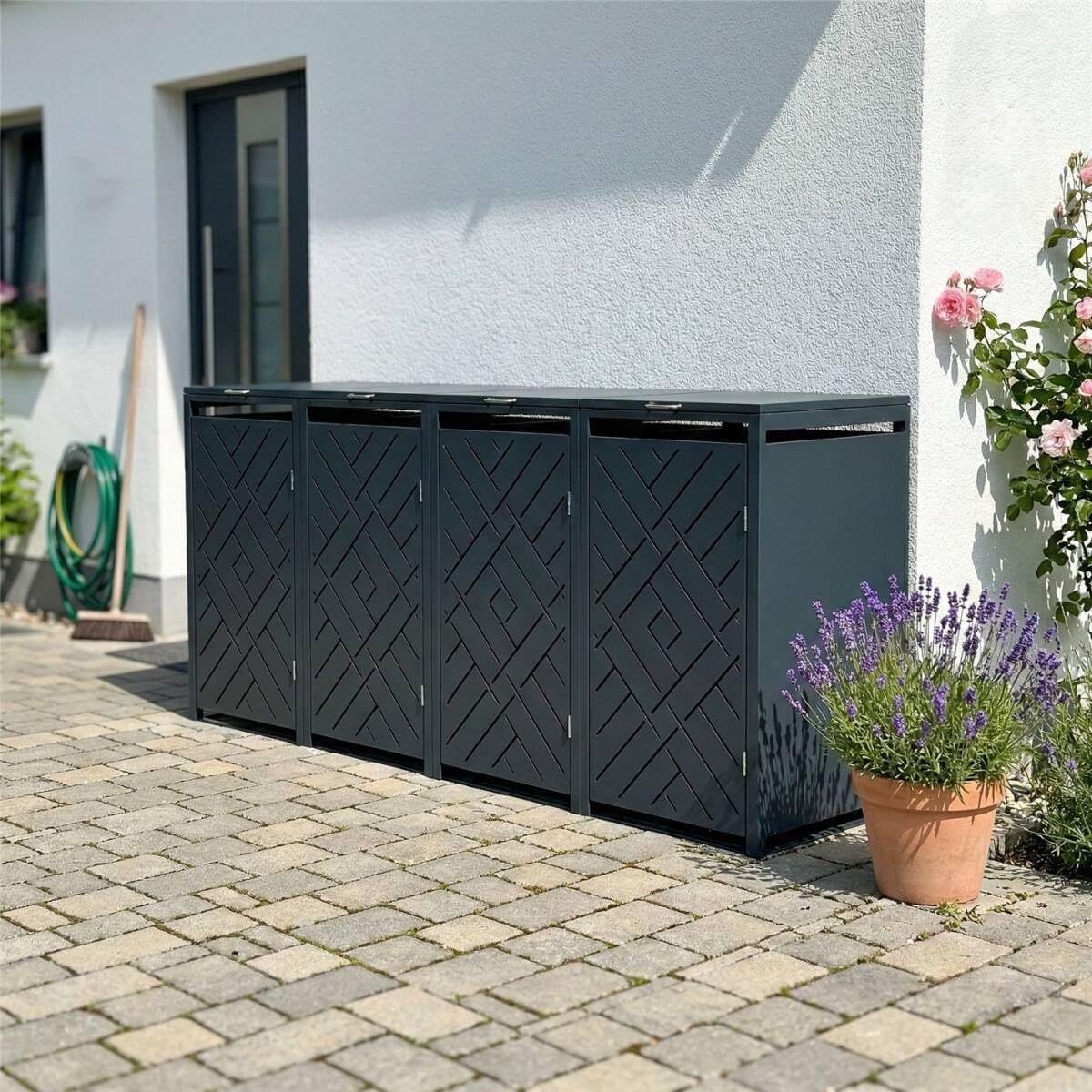 Metzler Mülltonnenbox 4er 240L Anthrazit mit Rautenmuster, Metall Mülltonnenverkleidung für 4 Tonnen abschließbar, Vier Mülltonnenboxen pulverbeschichtet und wetterfest mit Automatikdeckel | Prisma