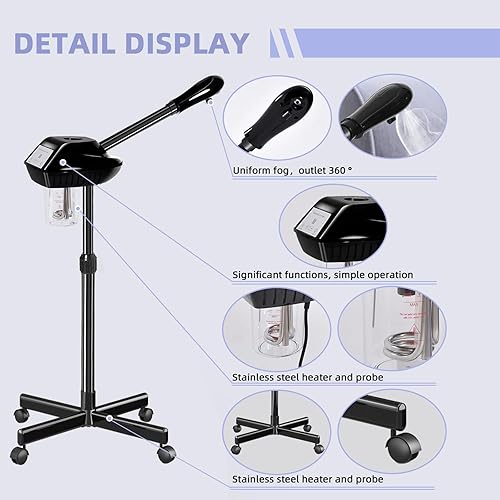 Miniatura 5 de Vaporizador facial profesional con más vapor para limpieza e hidratación profundas, vaporizador facial sobre ruedas con ajuste de tiempo,