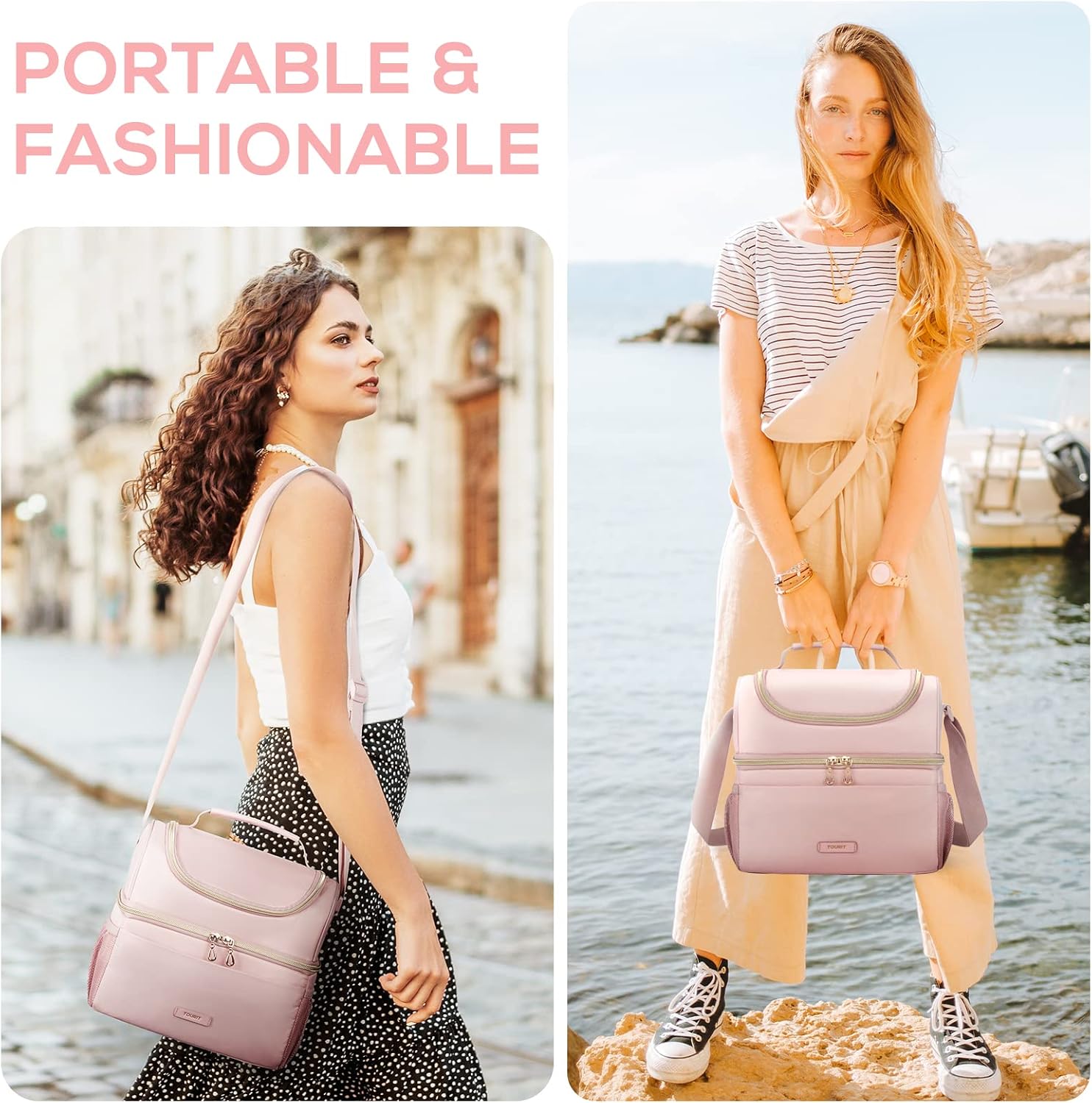 TOURIT Insulated Lunch Bag with Dual Compartment, Leakproof Cooler Tote for Work Office Picnic, Thermal Food Container Pink