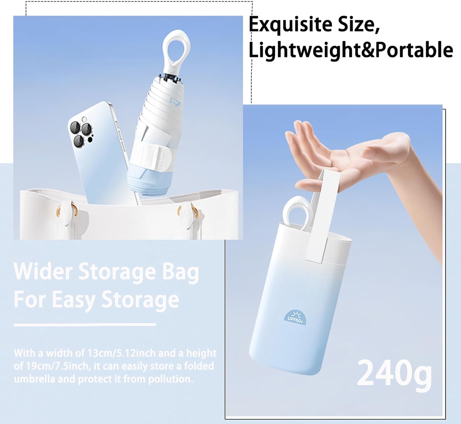Mini Compact Folding Travel Umbrella with Ring Handle and Storage bag/Gradient Color/6 * 2 Ribs/UV Protection/Sun Rain/Lightweight Portable Small/Purse/Backpack/Car/Women Kids
