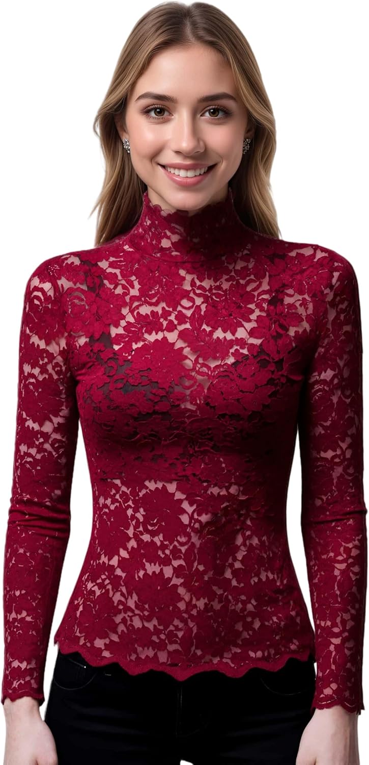 Women's Sexy Slim Fitting Long Sleeved Turtleneck Pullover Bottom Shirt Mesh Lace Perspectives T-Shirt Top - Image 4
