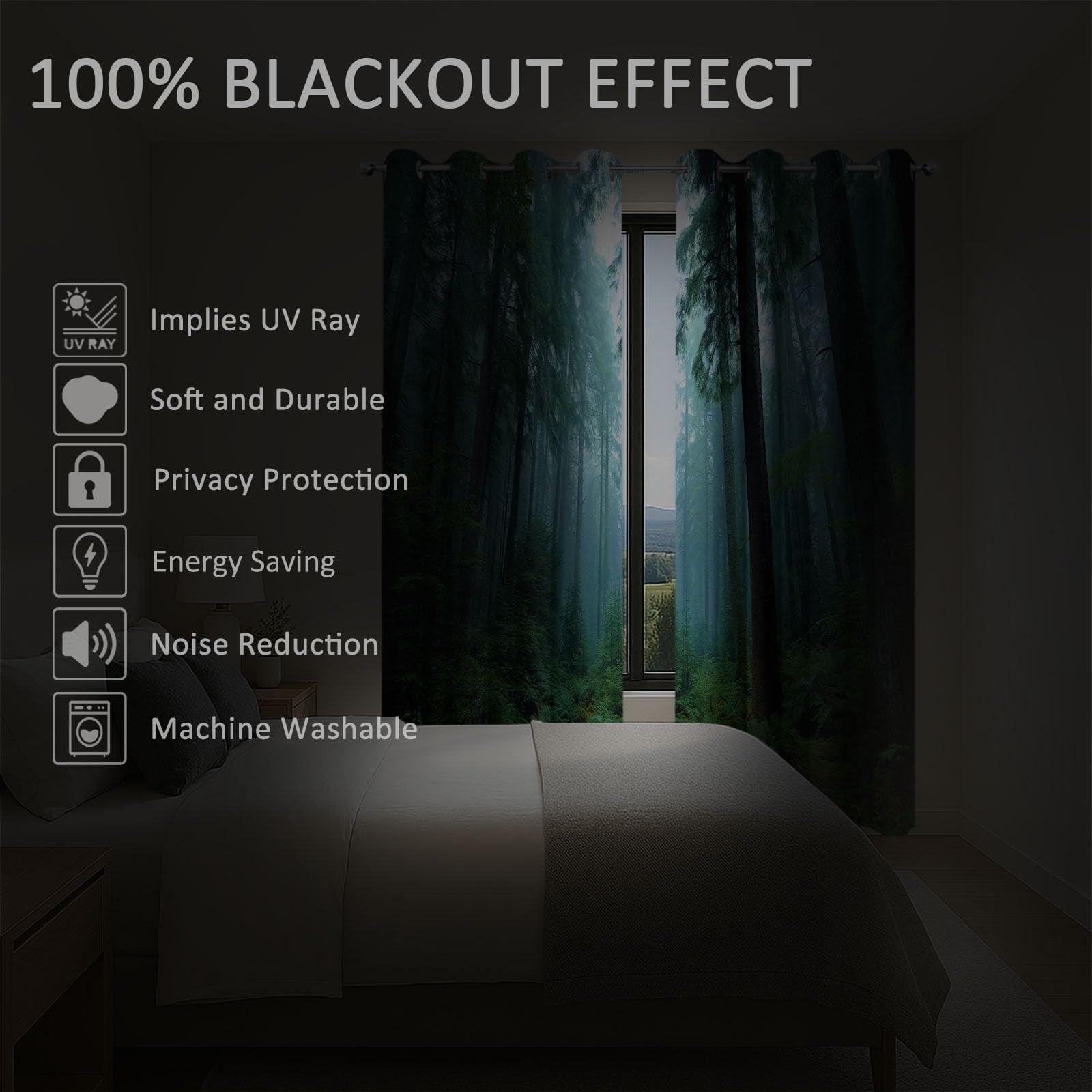 Verdunklungsvorhänge Wald Nebel Kinderzimmer Vorhänge Blickdicht, Dunkelgrün Thermovorhang mit Ösen, für Schlafzimmer Fenster & Balkon Geheimnis Bäume - 110 x 215 cm (2er Set)